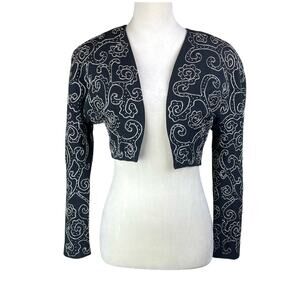 Cache Carmen Marc Valvo Vintage Black Silk Embellished Cropped Bolero Jacket